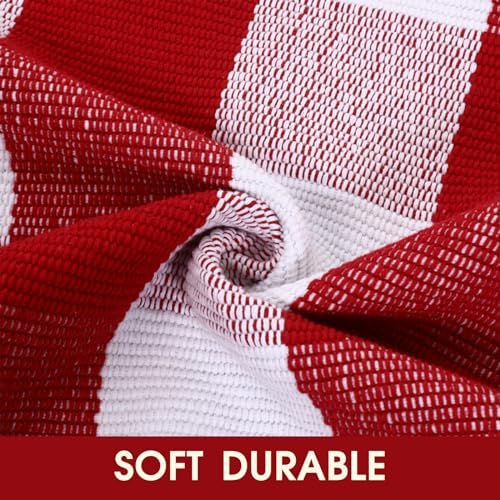Christmas Red and White Plaid Rug, 3' x 5' Cotton Hand-Woven Layered Door Mat for Front Porch, Entryway, Outdoor Holiday Decor, Washable Buffalo Check Rug for Home, Patio, Kitchen