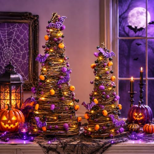 2Pa Lighted Halloween Tabletop Tree,Purple Pumpkin Halloween Decor【Timer】