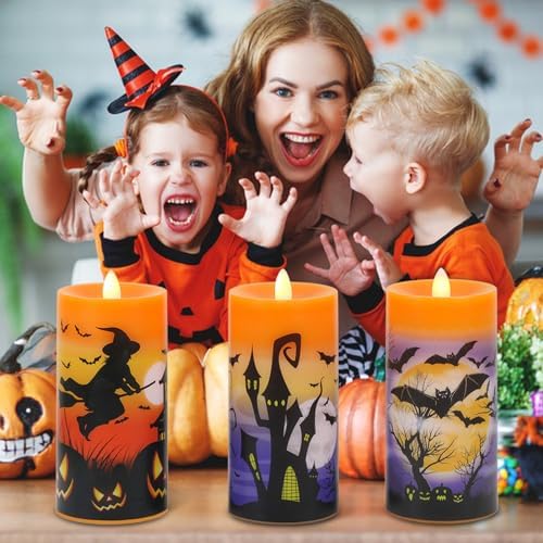 Halloween Flameless Pillar Candles Battery Operated Remote Timer