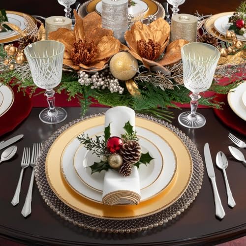 35" Champagne Christmas Centerpiece with Candle Holders, Magnolias Gold Christmas Balls Berries Leaves Branches Pine Cones Pine Needles for Xmas Table Decor, Holiday Candelabrum for Mantel Decorations