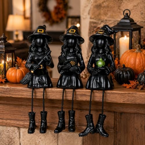 Dlfghos Halloween Decor Witch Figurines Set of 3, Halloween Indoor Decorations Witch Decor Resin Witch Statue for Table Desk Bookshelf Mantel Tiered Tray Spooky Halloween Decor Witch Gifts
