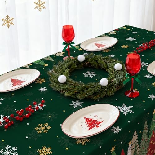 Gistome 3-Piece 54 x 108 Inch Christmas Tree Plastic Tablecloth – Festive Green Holiday Disposable Table Cover for Winter Parties, Christmas Dinners, and Indoor Outdoor Decorations