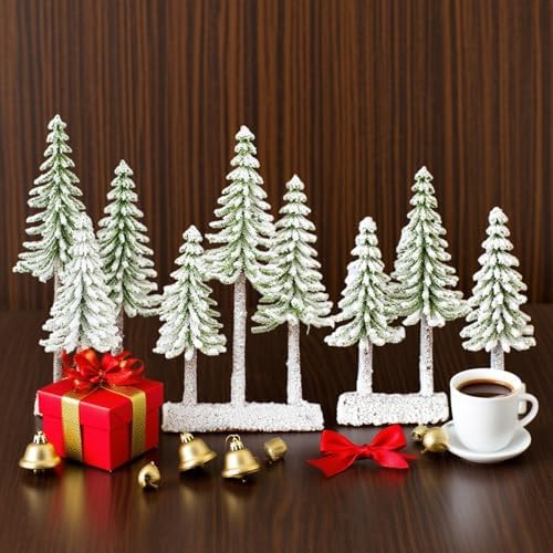 Mini Christmas Trees, Snow Frost Trees with Wood Base Bottle Brush Trees Plastic Winter Snow Ornaments Tabletop Artificial Trees for Christmas Party Home Decoration (D)