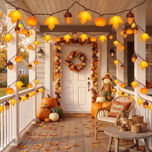 8.5Ft Fall Thanksgiving Decor String Lights, 10 LED Maple Leaves Acorn Pumpkins Lights Home Porch Fireplace Autumn Harvest Party, Indoor Outdoor Thanksgiving Decor, Plug in