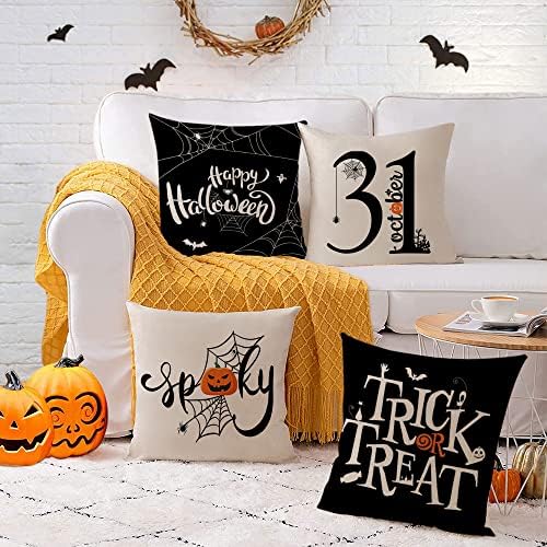 YeeJu Halloween Pillow Covers 16x16 Set of 4 Trick or Treat Decorative Throw Pillows Cover Black Spider Webs Pillow Cases Home Outdoor Sofa Couch Cushion Covers for Halloween Decorations (16 by 16)