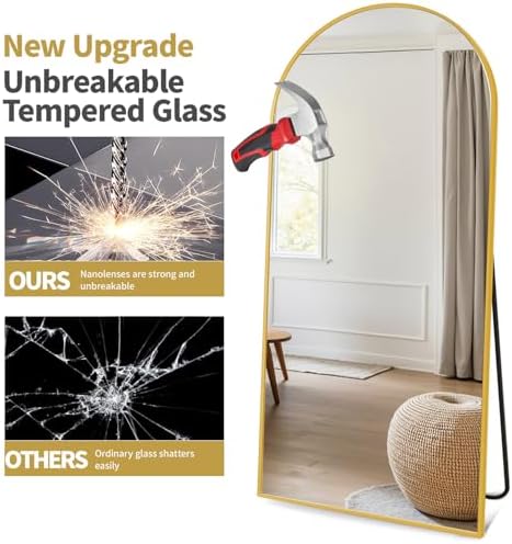 Prywot Arched Full Length Mirror, 58"x18" Full Body Mirror with Stand, Gold