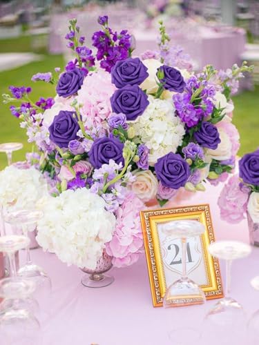 MACTING 30PCS Purple Artificial Roses with Stems, Real Touch Foam Flowers