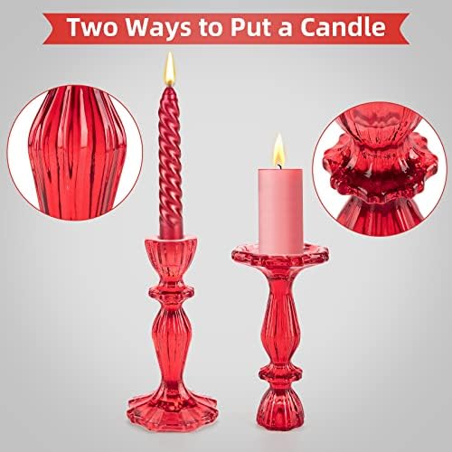 Glass Candle Holders, 2PCS Wide Base Candlestick Holder Decorative Candle Stand Table Centerpieces for Wedding Birthday Halloween Christmas Party, Red
