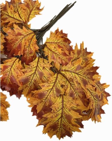 12pcs Artificial Oak Tree Branch Faux Eiche Leaf Stem Three Forks per piece for Greenery Wall Floral Decoration (Orange)