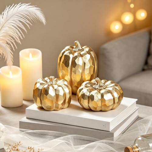 winemana 3 Pack Gold Fall Pumpkin Decor Fall Table Centerpieces for Home