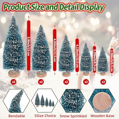 Yahpetes Christmas Trees 10 Pcs Bottle Brush Christmas Trees 5 Size Artificial Christmas Sisal Snow Frost Trees Pine Trees with Wood Base for Tabletop Christmas Party Home Indoor Decor (Blue Green)