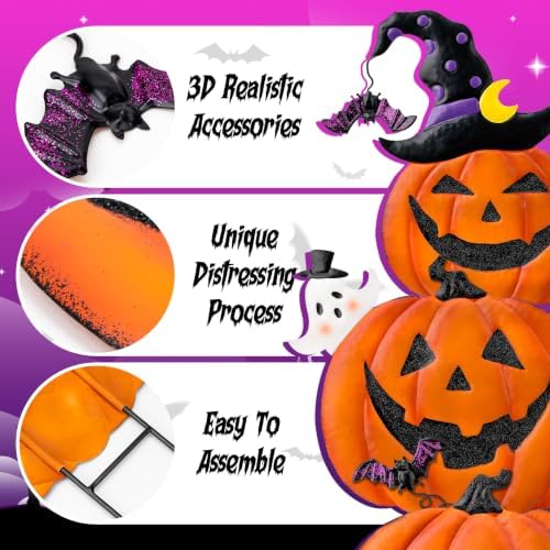 39.8" Halloween Garden Stakes, Stacked Metal Pumpkins Jack-o-Lantern Lawn Decor with Witch Hat, Shimmering Metal Yard Signs Stake Outdoor Decorative Pumpkin for Home Lawn Pathway Decor