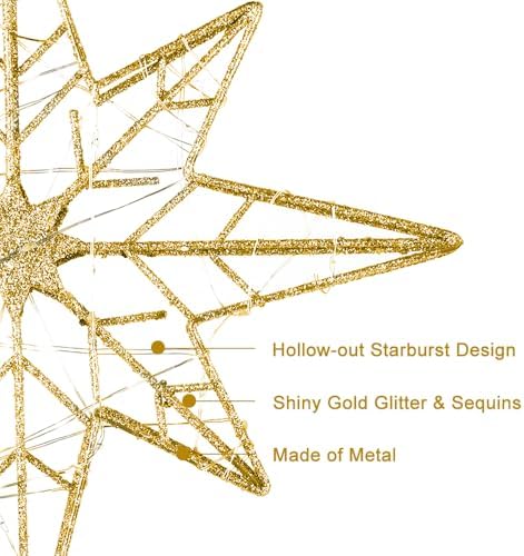 hogardeck Christmas Tree Topper, 12 Inches Lighted Gold Glittered 8-Point Star Tree Topper, 30 LED Sparkling Tree Toppers Christmas Decorations, Battery Powered Timer Xmas Treetop Star Decor
