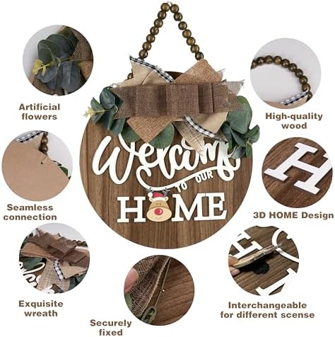 CondorPasea Interchangeable Welcome Door Sign with 16 Different Replaceable Patterns - 12" Round 3D Rustic Wooden Front
