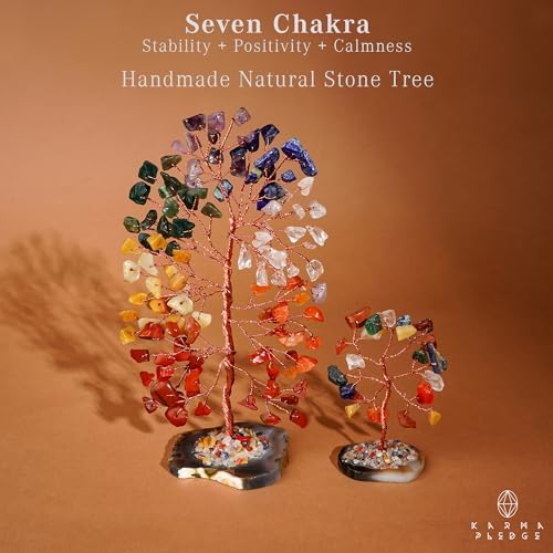 KARMAPLEDGE Set of 2 Crystal Trees Unique Birthday Gifts for Women, Mom & Dad, Slice Base Handmade Reiki Healing Stones
