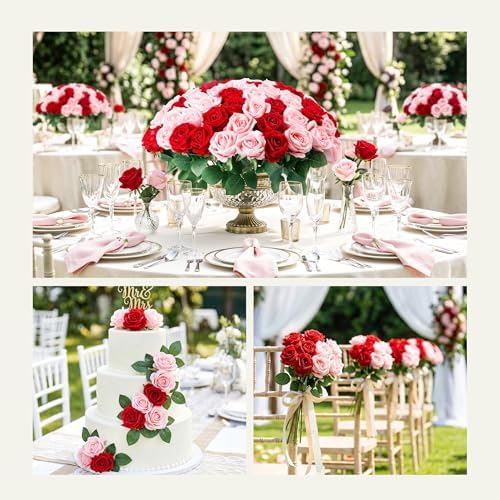 Auihiay 60PCS Artificial Roses, Pink and Red Roses, Velvet Silk Roses