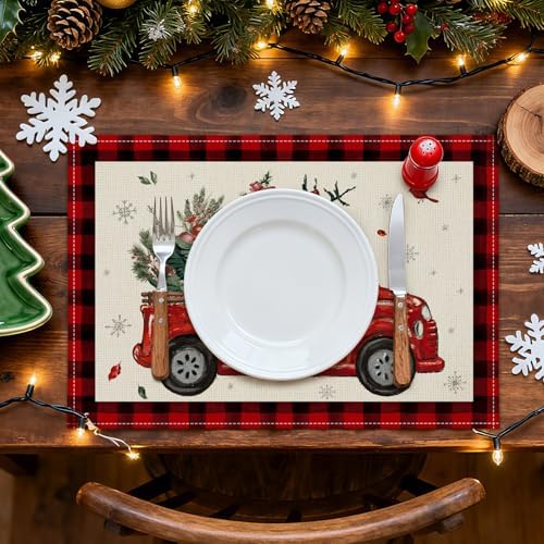 OTOSTAR Christmas Placemats Set of 4, 12x18 Inch Red and Black Buffalo Plaid Christmas Truck Tree Place Mats Seasonal Winter Xmas Holiday Kitchen Dining Table Mats for Home Party