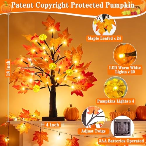 Prelit Fall Maple Tree with Pumpkin Lights Timer 24 Warm White LED 18 Inch