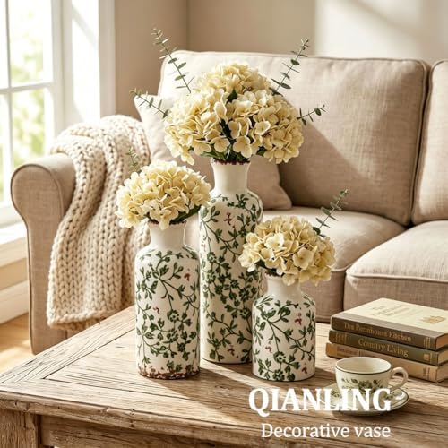 Green Ceramic Vase Set - 3 Chinoiserie Green Floral Vases, Farmhouse Country Flower Vase Home Decor, Living Room