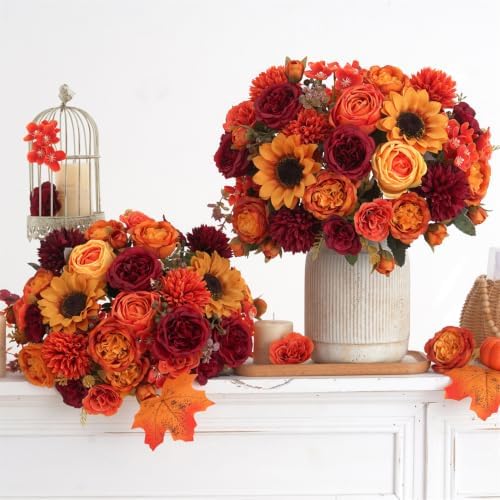 8 Pcs Mixed Autumn Artificial Peony Flower Set-4 Bouquets & 4 Stems, Burnt Orange Wine Red Fake Peony Sunflower Silk Flower for Fall Table Centerpiece Farm Wedding Thanksgiving Halloween Home Decor