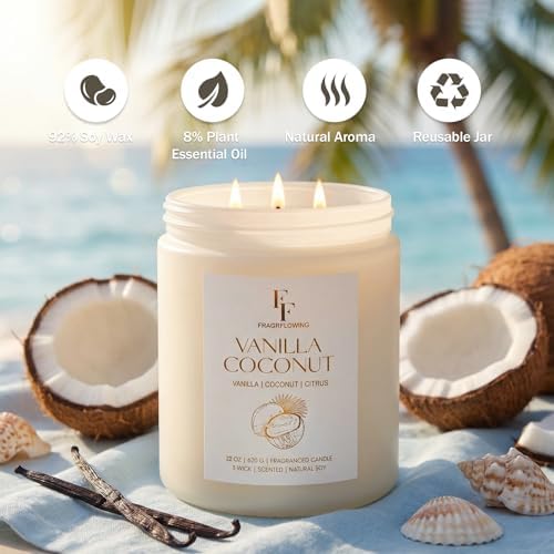 Vanilla Coconut Large Scented Candle, 3-Wick 22oz Long Lasting Scented Candle, Natural Soy Wax Aromatherapy Candle for