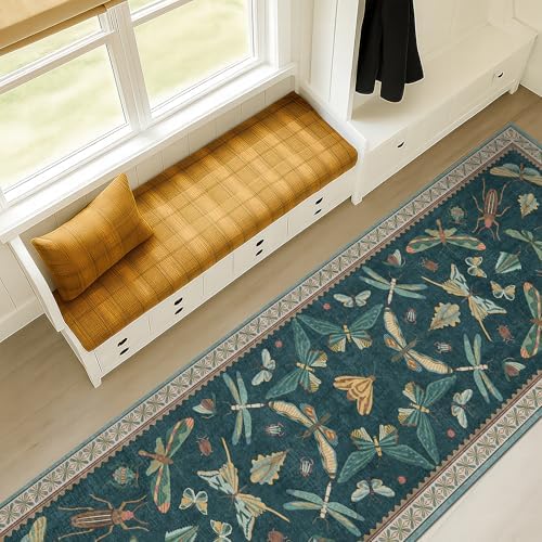 Hazo Haus Teal Boho Runner Rug 2x8, Washable Non Skid Kitchen Sink Carpet for Bathroom & Entrance Indoor, Brown Green
