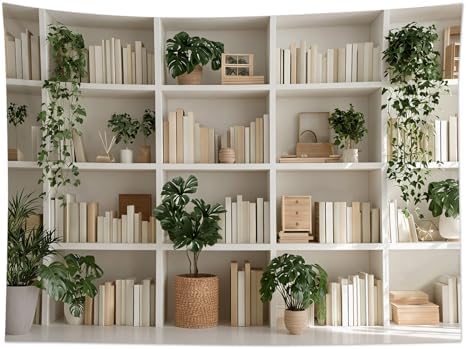 HVEST Botanical Bookshelf Tapestry Green Plant Potted and Books Wall Tapestry for Living Room Aesthetic Reading Tapestries Wall Art Decor for Bedroom Office Library Classroom, 70.9L x 92.5W Inches