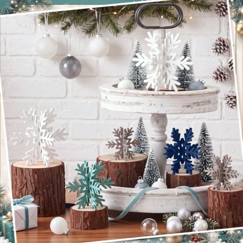 Bucherry 12 Pcs Wooden Snowflakes Table Decor,White, Blue, Green, Gray