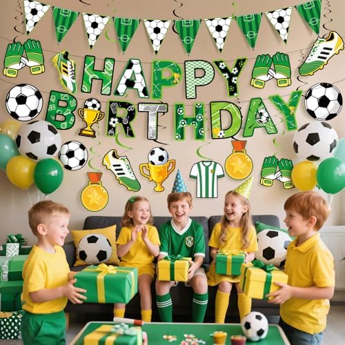 Soccer Party Decorations, 14Pcs Soccer Birthday Party Supplies Include Soccers Happy Birthday Banner Paper Garland Hanging Swirl for Boys Sports Birthdays Decor