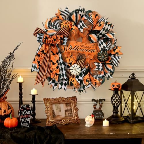 2 Pcs Halloween Wreaths for Front Door, Halloween Wreath with Ribbon Bow