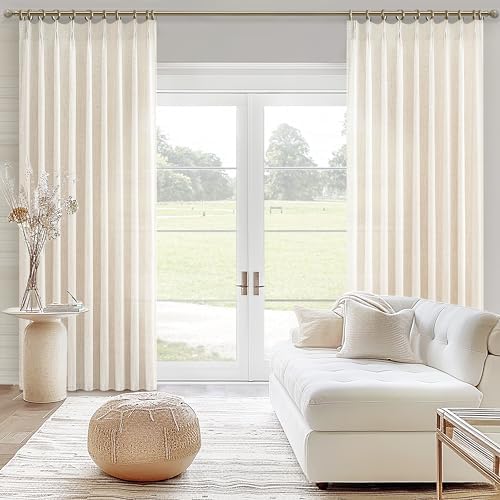 PleatedDrapes Extra Long 120 Inch Living Room Curtains, Ivory Beige Textured Flax Linen Back Tab Pleated Tall Sheer