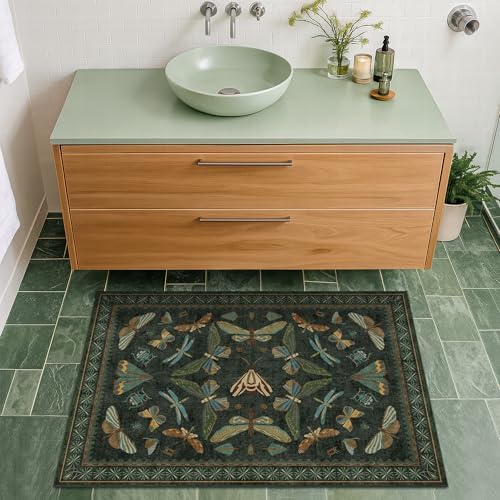 Hazo Haus 2x3 Entry Way Rugs Indoor - Dark Green Small Throw Rug for Kitchen, Bathroom, Insect Boho Design, Washable