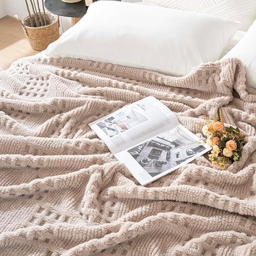 60x80 Inch Waffle Brown Twin Blanket -Fluffy Fleece, Neutral Tan Color, Cute & Aesthetic, Perfect for Sofa, Couch
