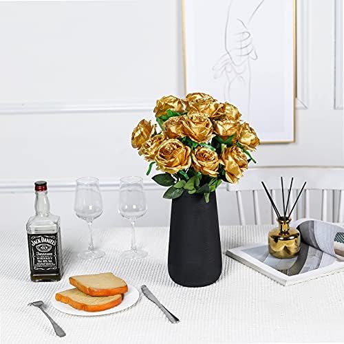 10pcs Gold Roses Artificial Flowers, Realistic Faux Rose with Long Stem