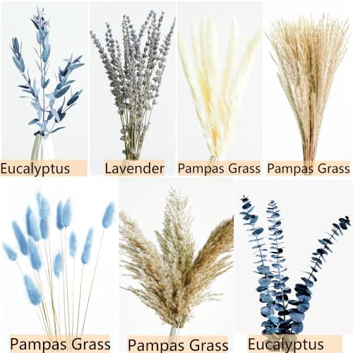 Dusty Blue Dried Flower Bouquet with Pampas Grass, Bunny Tails, Lavender and Eucalyptus, Beige Boho Floral Arrangement