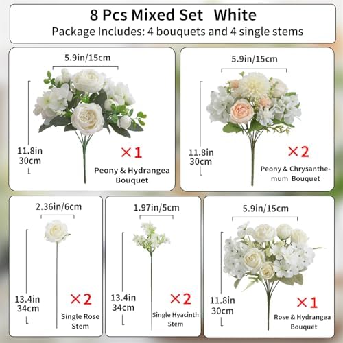 8 Pcs Mixed Artificial Peony Flowers Set-4 Bouquets & 4 Stems, White Fake Peony Rose Hydrangea Flower for Vase Silk Floral Arrangements for Table Centerpiece Wedding Party Bridal Decoration Home Decor