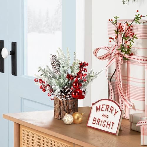 Hatisan Small Christmas Tree with Christmas Ornaments Pine Cone Berry, Tabletop Artificial Christmas Tree for Christmas Decorations Home Room Party Winter Indoor Outdoor(2 Pack Red-Round)
