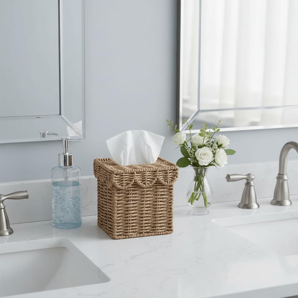 Square Wicker Tissue Box Holder Facial Tissues Boxes w/Scalloped Lid / Neutral