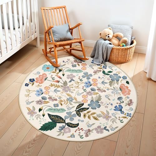 Washable Floral Round Rugs for Bedroom - 4x4 Feet Circle Area Rugs for Living Room Nursery Non-Slip Stain Resistant