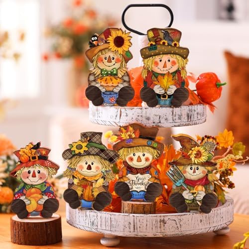 DoubleFill 6 Pcs Fall Scarecrow Table Decoration Wooden Scarecrow Figurines