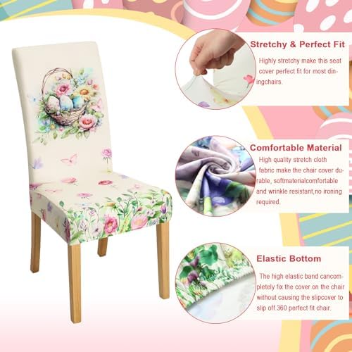 Hosuly 6 Pcs Easter Chair Covers Print Bunny Egg Flower Removable Seat Covers for Home Easter Spring Restaurant Decor or Hotel Restaurant Party Banquet