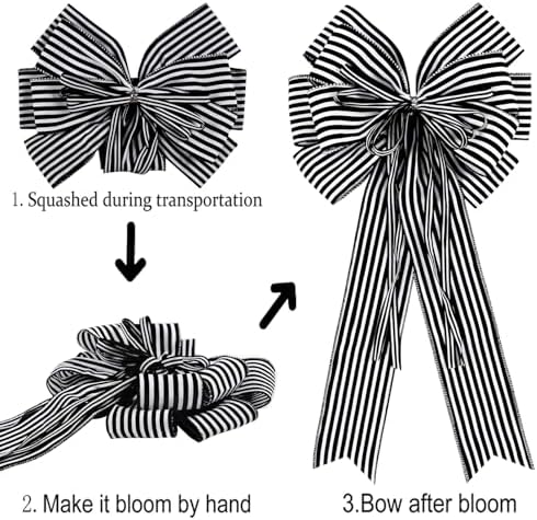 Hongsome 2 Pack Black White Stripe Halloween Fall Bows for Wreaths,12”x20”Black and White Christmas Decorations Bow for Tree Topper Gothic Spooky Holiday Birthday Party Wall Home Front Door
