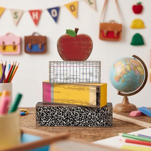 Lineshading 4 Pcs Back To School Table Decorations Wooden Apple Block Signs