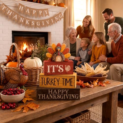 Lineshading 4 Pcs Fall Table Decor, Thanksgiving Turkey Time Wooden Signs