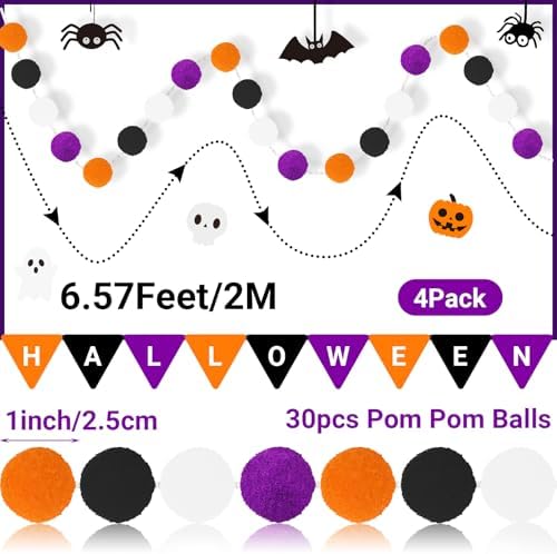 MARFOREVER 4 Pack 26.3 FT Halloween Felt Ball Garlands Halloween Decoration