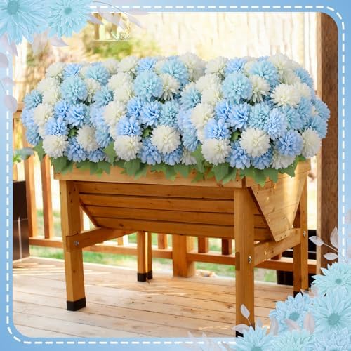 XunYee 12 Pcs Blue Artificial Flowers for Outdoor,Silk Chrysanthemums