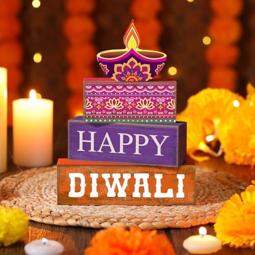 Lineshading 4 Pcs Wooden Diwali Tiered Tray Decor, Block Signs for Home