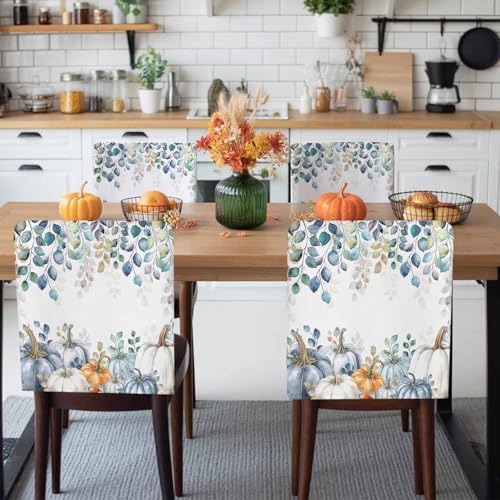 Fall Chair Covers Set of 6 Blue Eucalyptus Leaves Pumpkin Chair Slipcover Protector Removable Stretch Chair Covers Autumn Watercolor Leaf Thanksgiving Chair Back Covers for Dining Chairs Kitchen Party