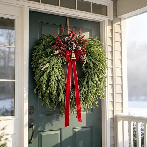 Christmas Wreath for Front Door - Artificial Cedar Winter Wreath with Red Velvet Bow, Golden Bell, Pinecones & Red Berries, Farmhouse Holiday Wreath for Indoor Outdoor Christmas Decorations