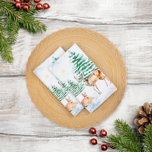 Winter Pine Tree Napkins, 18×18 Inch Woodland Deer Dinner Cloth Napkins Set of 6, Washable Cotton Soft Absorbent Square Napkins for Dining Kitchen Party Wedding Decoration